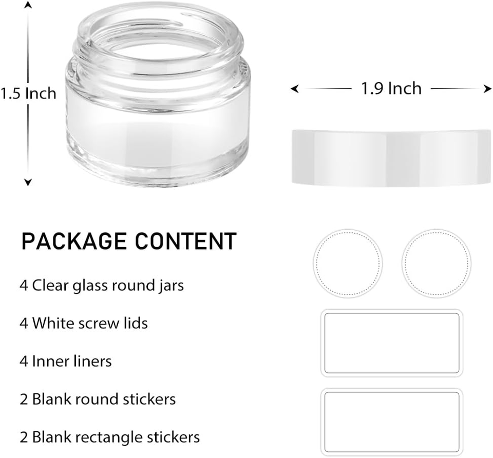 4 Pack 1Oz Small Glass Containers with Lids, Glass Jars with White Lids