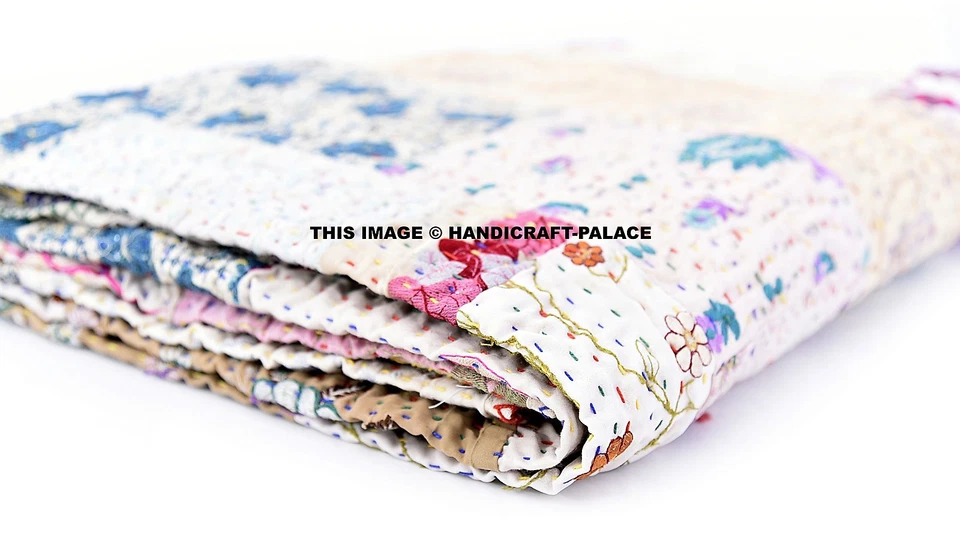 Edredón indio - Edredón vintage antiguo Patola 100 % seda Sari Kantha acolchado retazos Foto 3 de 4