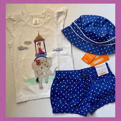 NWT Girls 12-18 Gymboree  DESERT DREAMS  Cotton BLUE Dot SHORTS TOP & SUNHAT Set