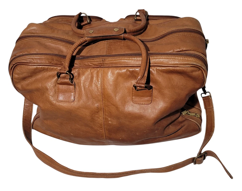 Vintage Leather Weekend Bag Duffle Suitcase Carry on Luggage Brown Lined M18 - Image 3 of 4