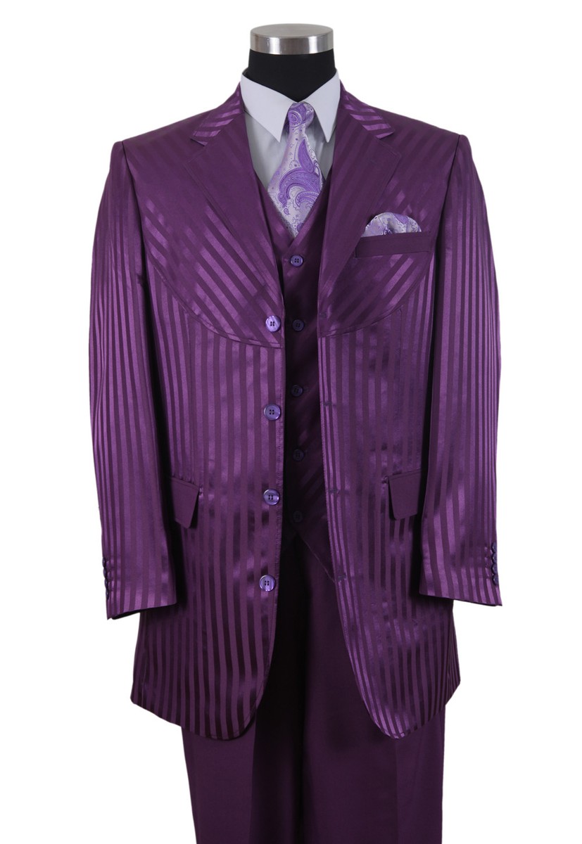 Men's 4 Button Shiny Shadow Striped Suit w/ Vest Joker Men's 4 Button Shiny Shadow Striped Suit w/ Vest Joker