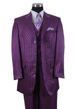 Men's 4 Button Shiny Shadow Striped Suit w/ Vest Joker Costume 2915V Purple