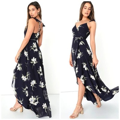 LULUS All Mine Blue Floral Print High-Low Wrap Dress Boho Party Size XS