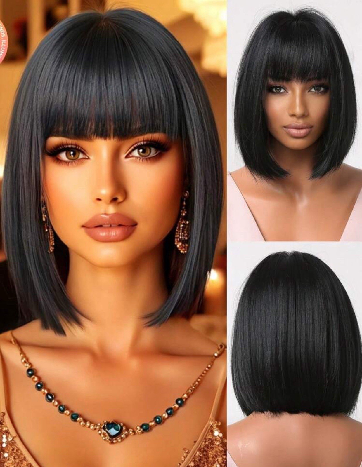 Perruque femme noire courte wig synthétique cheveux lisses coupe au carré