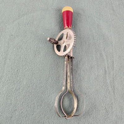 Antique 1920 s Red Handle A&J Egg Beater Hand Mixer Farmhouse Decor-working
