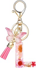 Cute Initial Letter Keychain for Women Girls with Pink Tassel Butterfly for Back