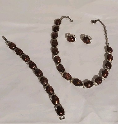 Vintage Coro Root Beer Confetti Lucite & Rhinestone Necklace, Earrings, Bracelet