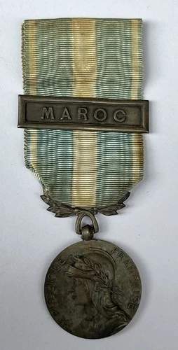 FRENCH MILITARY SILVER MEDAL @ COLONIAL MEDAL @ MOROCCO CLIP @ TOP