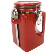 Ogg Hinged Ceramic 8 Inch Canister with Metal Spoon Scoop Rubber Seal EUC