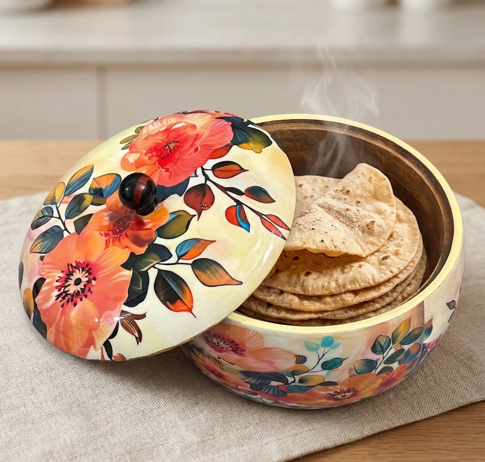 Wooden Bread Warmer Box with Lid Floral Design | Tortilla & Roti Keeper Casserol
Opens in a new wind