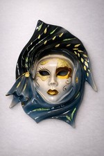Venezianische Wandmaske Keramik Gold Blau Handbemalt Deko Maske