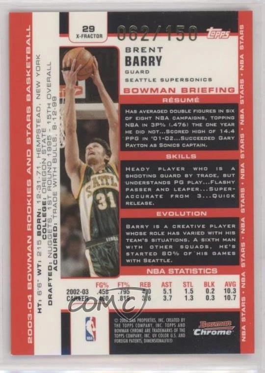 2003-04 Bowman Rookies & Stars Chrome X-Fractor /150 Brent Barry #29 - Image 2 of 2