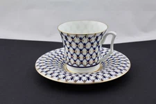 RUSSIAN IMPERIAL LOMONOSOV COBALT NET PORCELAIN TEA COFFEE CUP & SAUCER SET