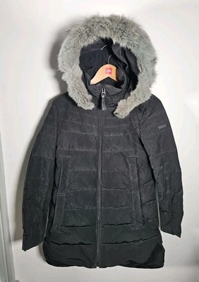 Derek Lam 10 Crosby Parka Mantel Damen XS Daunenfüllung schwarz Fuchspelzbesatz 