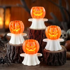 Homemory Real Wax Pumpkin Ghost Lamp, 4 Pcs Flickering Flameless Candles with 6h