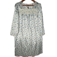 Delicates Satiny Grannycore Long Sleeve Nightgown White w/Blue Flower Size Med