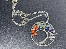 Tree Of Life Pendant Semiprecious Gem Stones Silver Tone Chakra Wire Wrapped