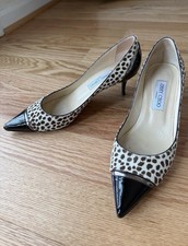 Jimmy Choo London Calf Hair Animal Print Kitten Heel Pumps Patent Cap Toe EU 41