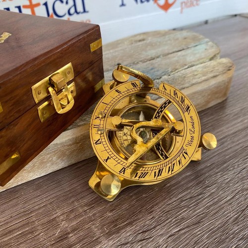 Brass Sundial Desk Compass w/ Wooden Box Old Vintage Antique Style - 第 5/7 張圖片