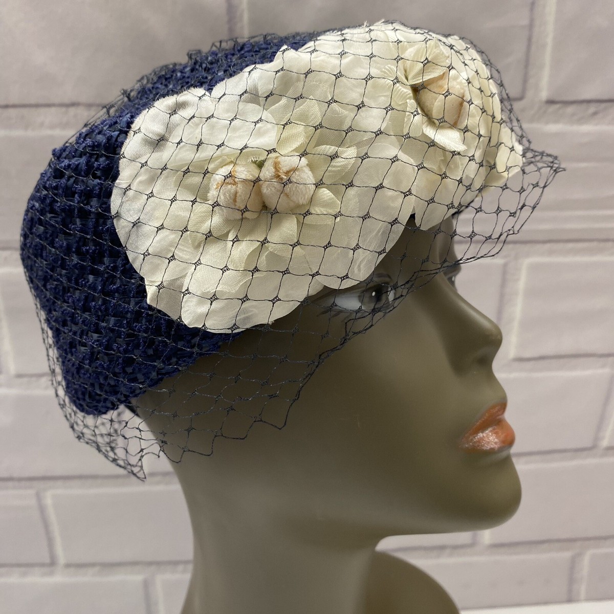 Vintage Union Made Blue & White Floral Lace Hat Vintage Ladies Hat Lot 1950 main image 2