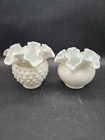 Vintage Pair of Small Fenton Hobnail/Smooth Milk Glass Ruffled Rose Vases