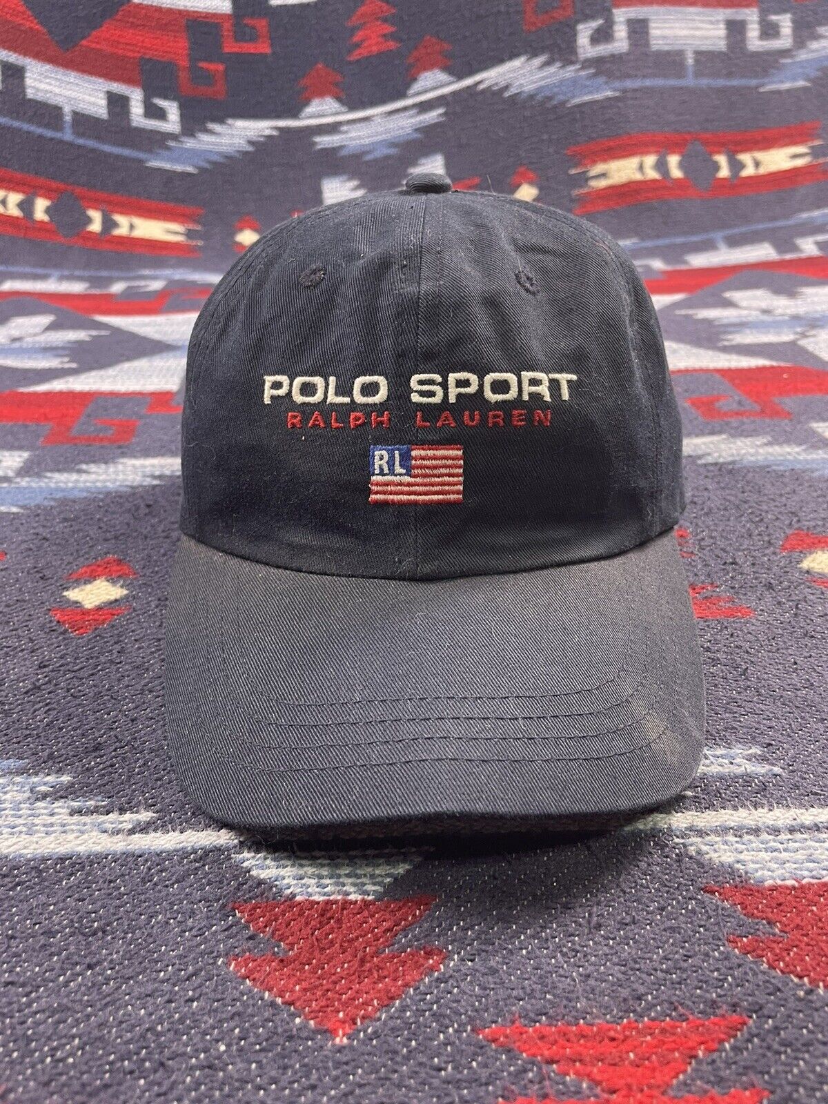 Ralph Lauren Polo Sport Hat USA Flag Spellout Navy Blue VTG 90s Cap Snow  Beach