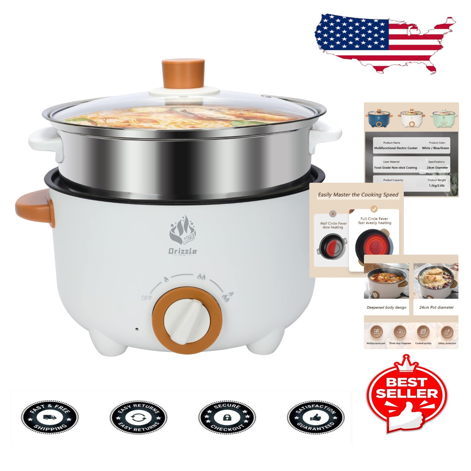 3L White Electric Cooker - Non-Stick Frying Pan & Steamer for Effortless Cooking-image