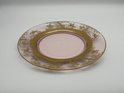 Pink Cambridge Glass Gold Encrusted Imperial Hunt Scene 10 5/8'' Plate #1