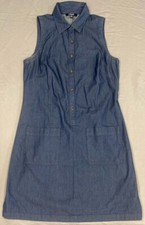 Chaps Womens Dress M Blue Denim 100% Cotton Sleeveless Pockets Cottagecore Beach
