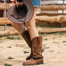 Womens Wide Square Toe Western Cowgirl Country Cowboy Boots Mid Calf Embroidered