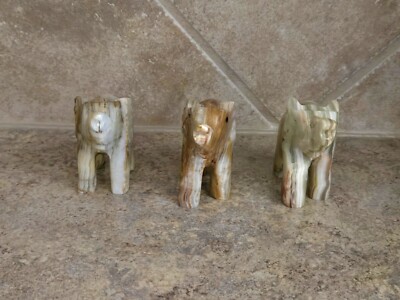 Small Carved Onyx Elephants Set Of Three Multicolor Gold & Cream Colors 3'' x 3''