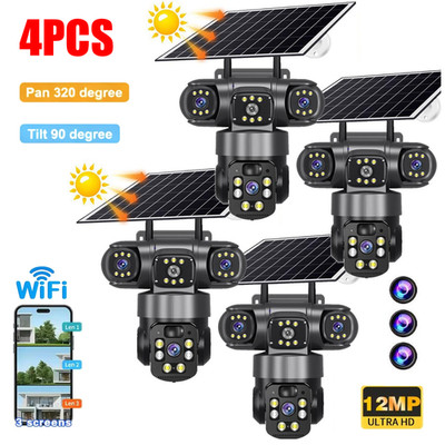 3 Lens 12MP Solar Battery Home Security Camera Outdoor Wifi Wireless PTZ CCTV US