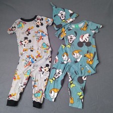 Disney Baby Pajama Bundle Lot Mickey Mouse Size 6 12m Goofy Pluto Duck PJs Cap
