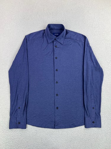 Eton, Eton Shirt Mens Medium Blue Solid Jersey Cotton Long Sleeve Button Up Casual