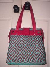 Handmade Mexican Woven Tote Purse   Red  Turquoise Pattern