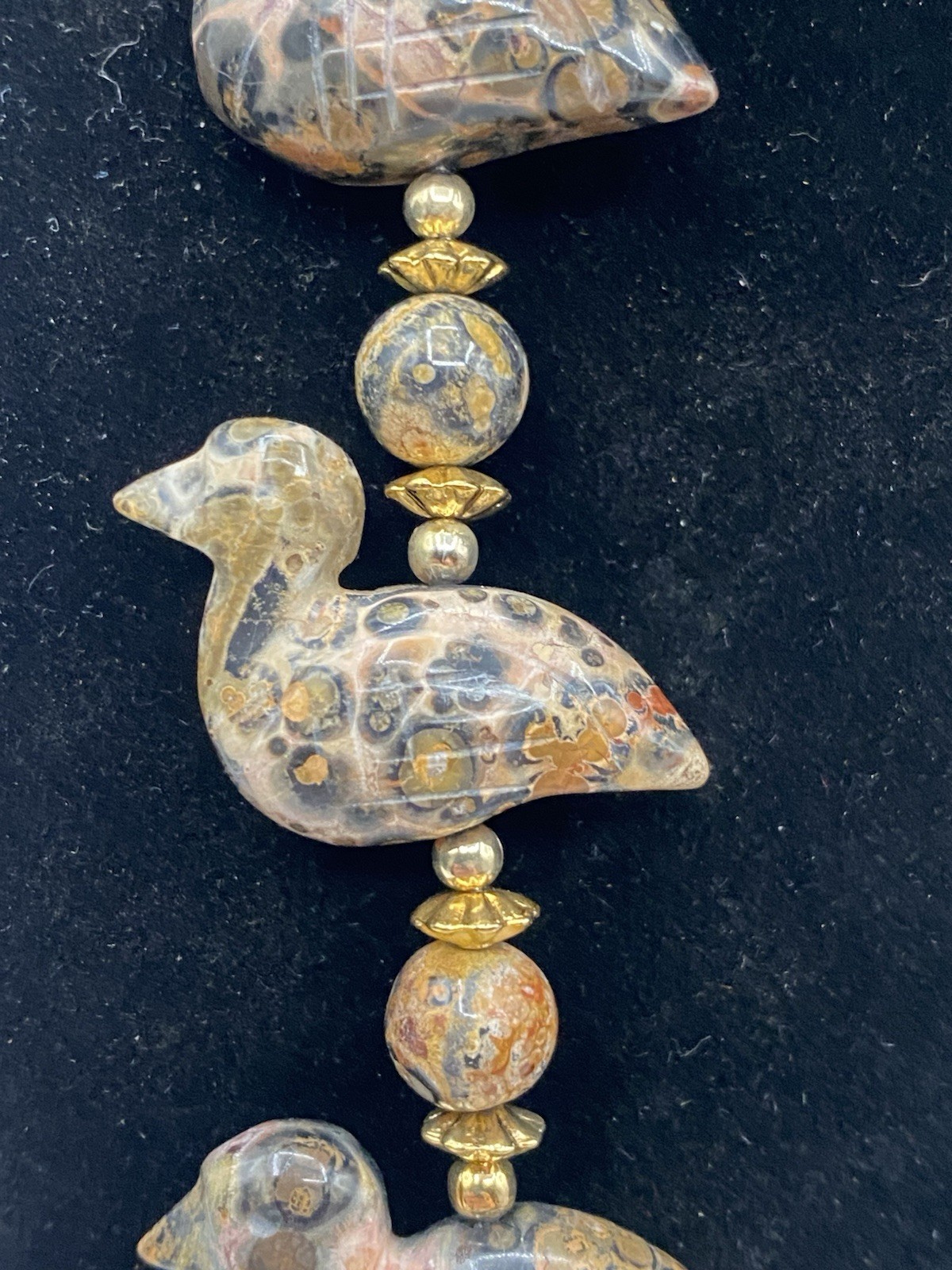 Leopard Skin Jasper Carved Ducks Ducklings Stone Bead Beaded Necklace Knotted