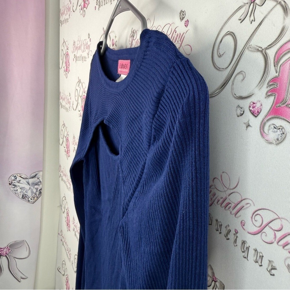 Carmen Marc Valvo long sleeve cut out detail front blue Navy Long Sleeve Top image 5