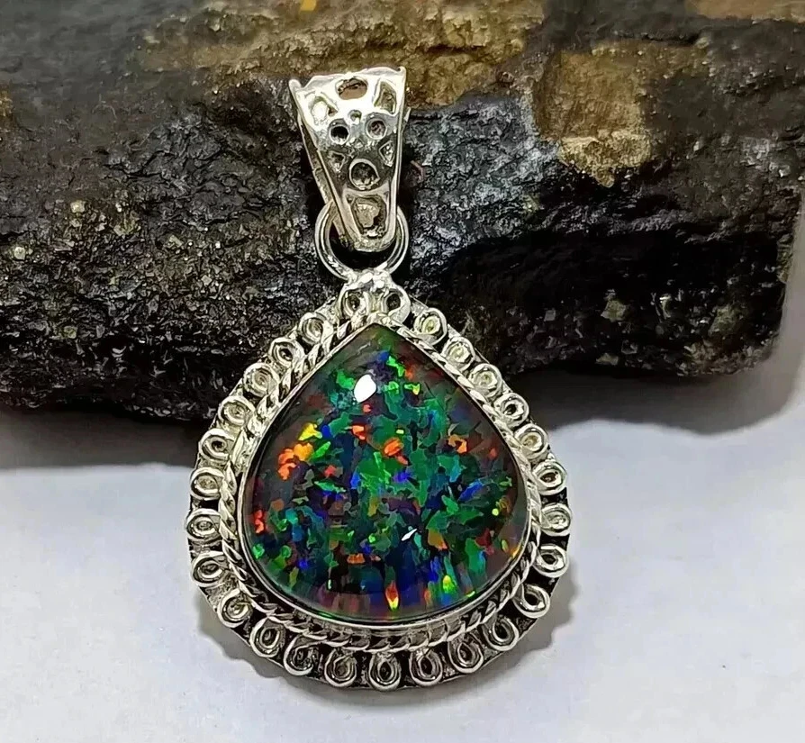 70 克拉天然 925 银多火蛋白石双梨切割吊坠散装宝石 — 第 3/4 张图片