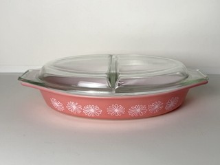 Vintage Pyrex Pink Daisy Oval Casserole Divided Dish Baker w/Lid