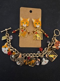 Lunch at the Ritz Cat Charm Bracelet & Earrings