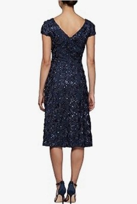 alex evenings women's tea length dress with rosette detail Alex Evenings Women T-Length Rosette Dress - Navy