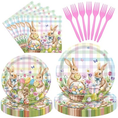 100 Pieces Easter Bunny Tableware Set   Pastel Plaid Rabbit Disposable Plates...