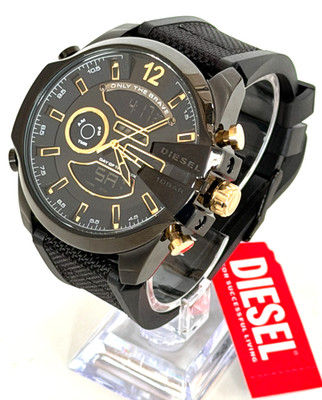 DIESEL Mega Chief DZ4552 Analog-Digital Black/Gold Dial Silicone Band Watch BNIB