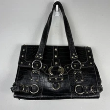 VTG Guess Handbag Large Black Vegan Leather Croc Studs Grunge Indie Sleaze Y2K