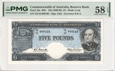 Billete Australia 1960 5 libras - R50X - TD10 NPA último prefijo PMG 58 EPQ aUNC
