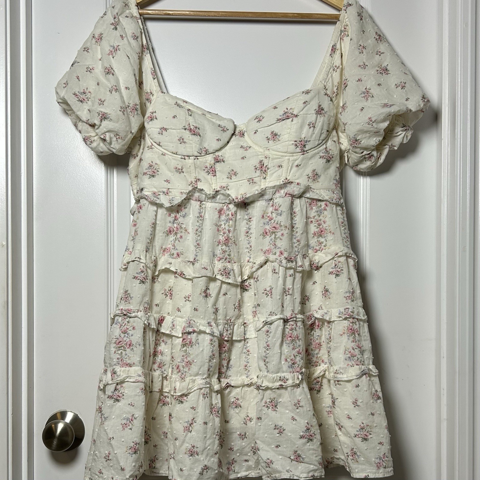 Altar'd State Cream Ditsy Floral Puff Sleeve Tiered Ruffle Coquette Mini Dress