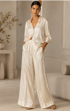 NWT Brunello Cucinelli Ivory Silk Satin Crystal Trim Wide Leg Pants IT 40 US 6