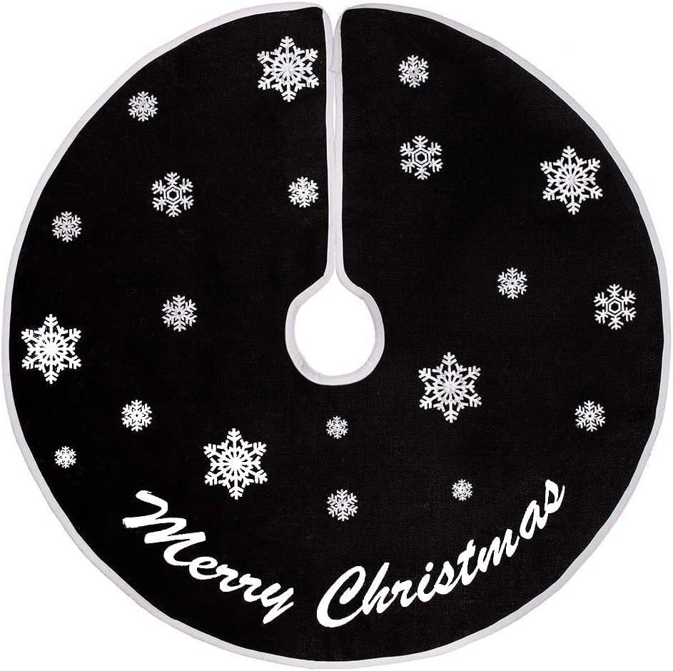 Burlap Christmas Tree Skirt, 30 Inch Black Tree Skirt with White Snowflakes and