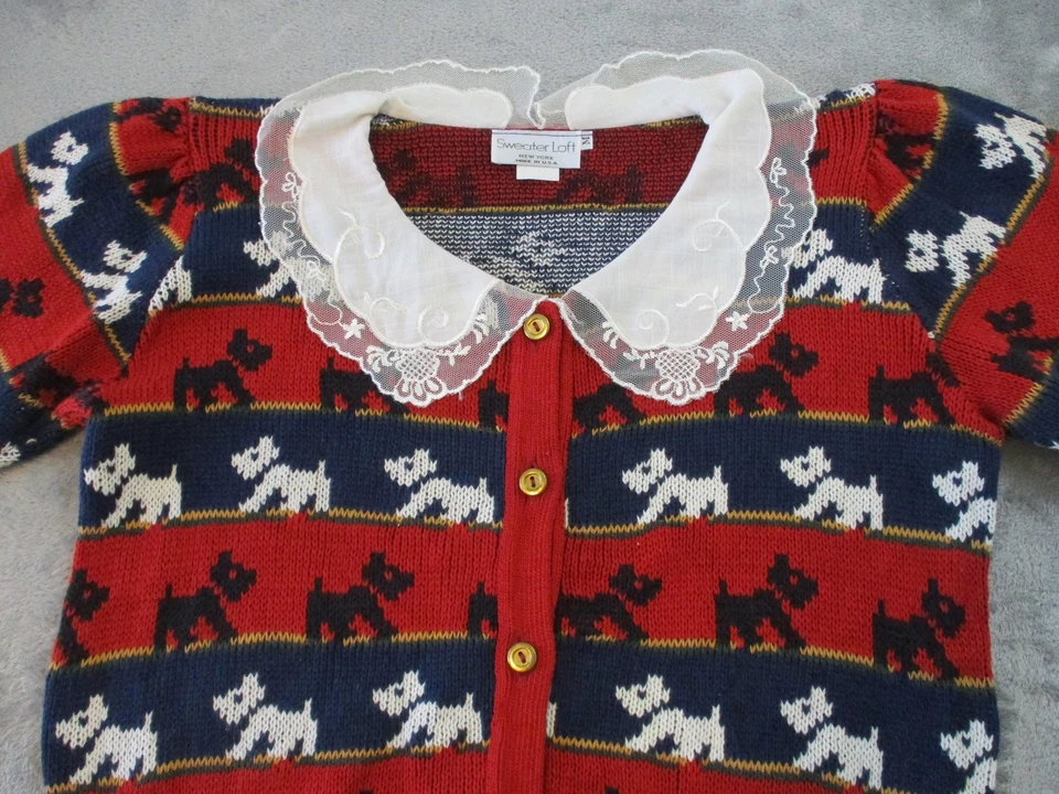 Винтажный свитер лофт кардиган женщин средний Scottie собаки кружевной воротник сделано США 90-х - Изображение 3 из 4