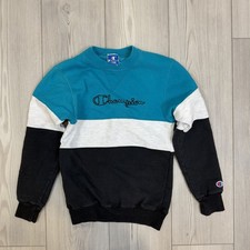 Vtg 90s Champion Boys Medium Teal Spell Out Colorblock Striped Sweatshirt USA